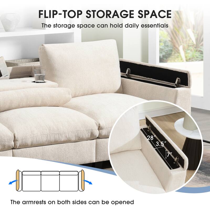 Chenille Sectional Sofa With Bluetooth Speaker,Cloud Couch Set With Drop Down Table,Cup Holders,Usb Charger,Storage Armrest
