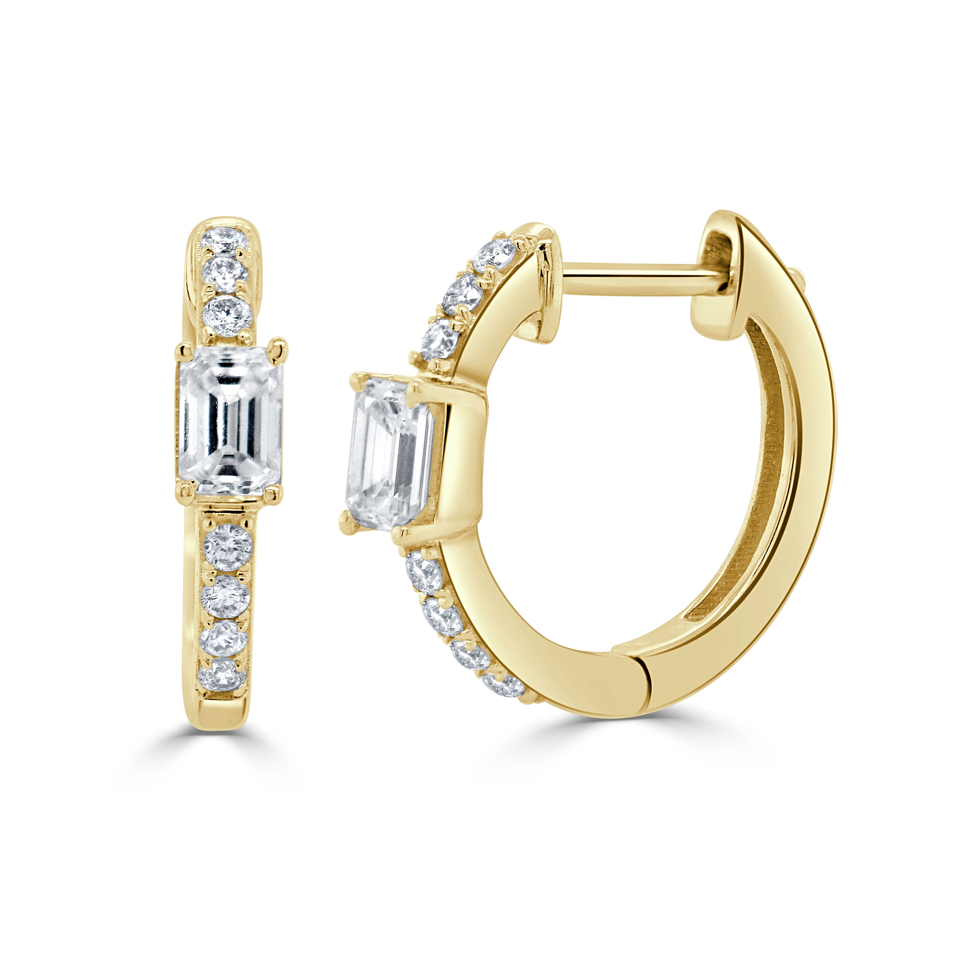 Joelle Collection Diamond & Emerald Cut Huggie Earrings 14K Gold