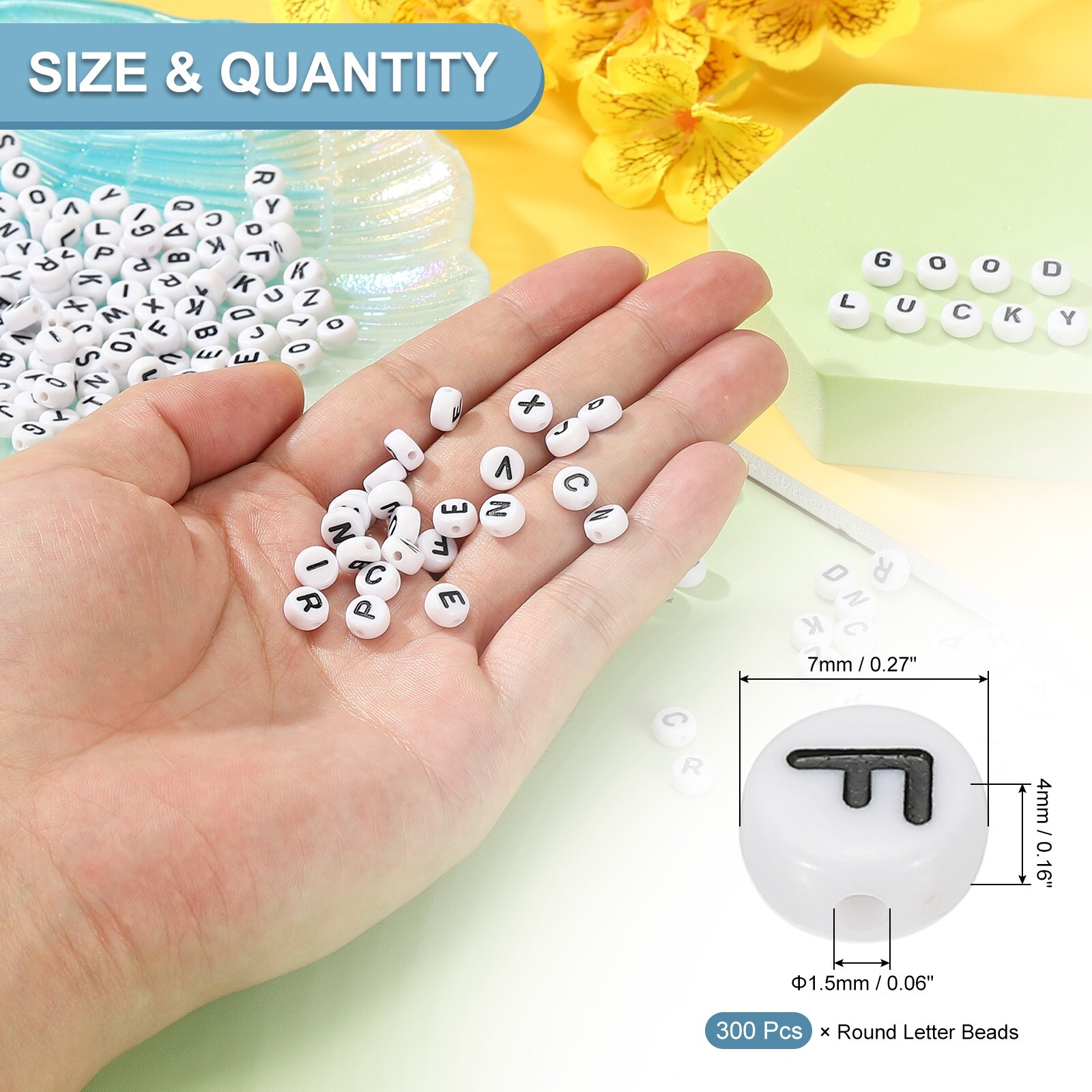 Round Letter Beads,Acrylic Alphabet Beads White Beads Black Letters for Jewelry Making Bracelets