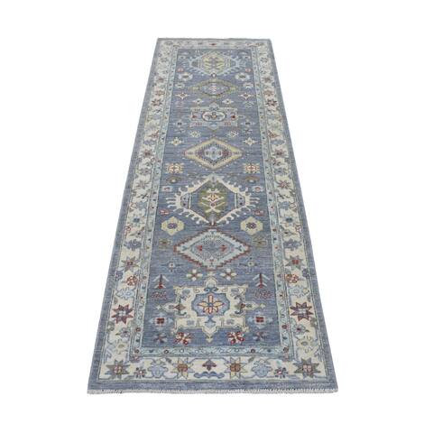 Shahbanu Rugs Gray with Pop of Color Karajeh Design Afghan Peshawar Hand Knotted Runner Oriental Rug (2'7" x 7'8") - 2'7" x 7'8"