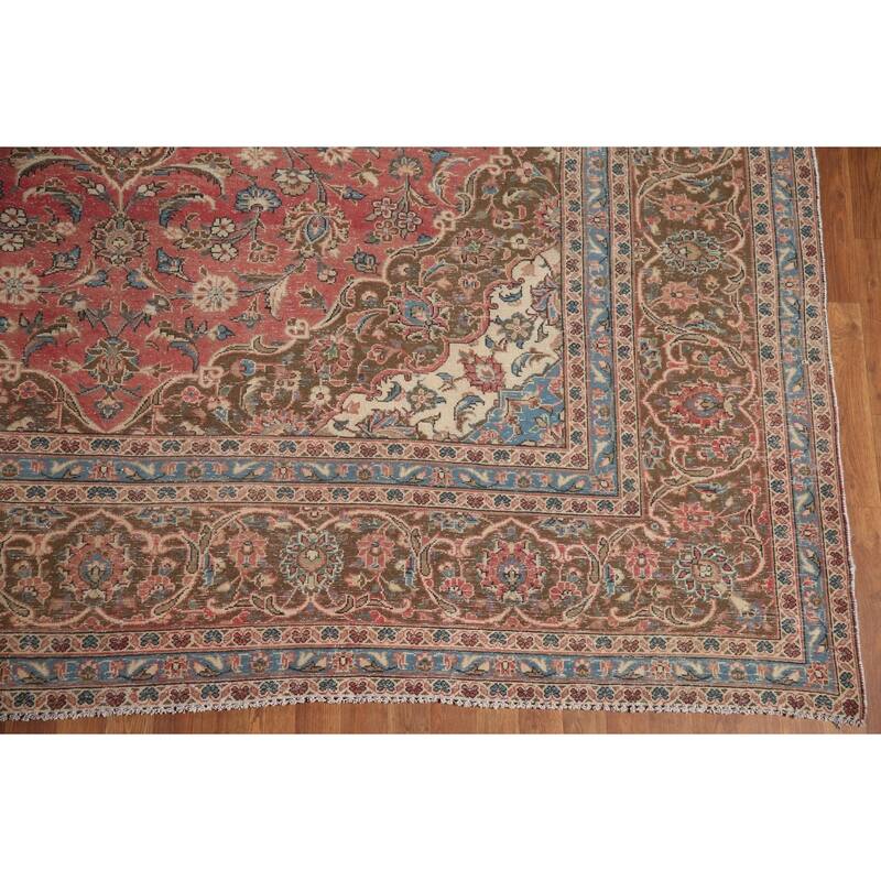 Hand Knotted Oriental 100% Wool Carpet Traditional Floral Pink Kashan Area Rug - 12' 11'' X 9' 7''