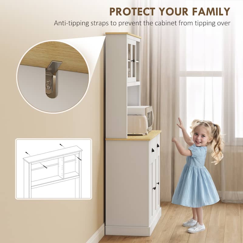 HOMCOM Kitchen Pantry Storage Cabinet with Microwave Stand, 71" Modern Kitchen Hutch with Glass Doors, Storage Drawers