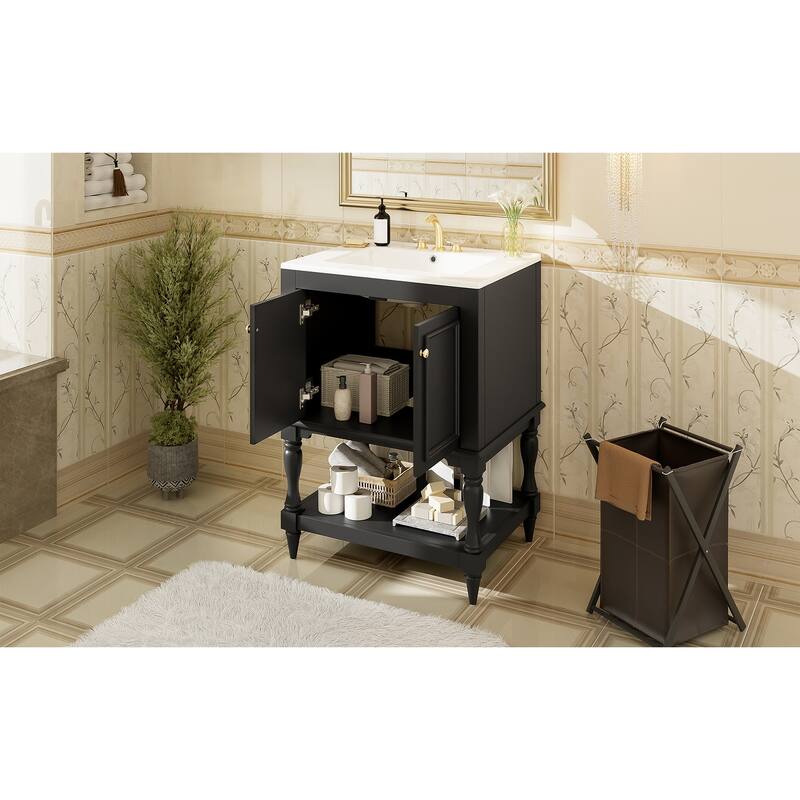 24 inch Modern Luxury Bathroom Vanity with Ceramic Sink, Bathroom Cabinet with Open Shelf and Closed Storage