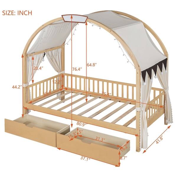 dimension image slide 1 of 3, Twin Size Bed With Arched Roof and 2 Drawers