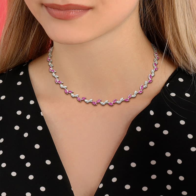 Miadora 20 3/8ct TGW Created Pink Sapphire in Sterling Silver Alternate Leaf Necklace-17 in