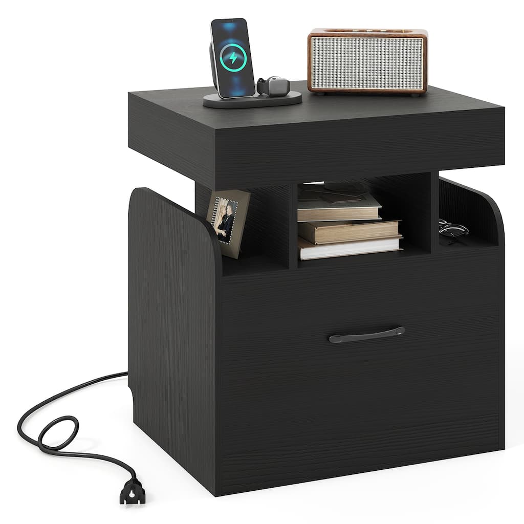 Gymax Nightstand w/ Charging Station Drawer & Sliding Top Storage Tray