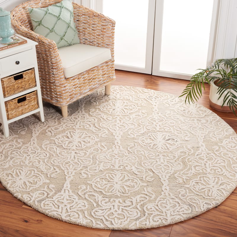 SAFAVIEH Handmade Blossom Cateluta Modern Floral Wool Rug - 8' Round - Silver/Ivory