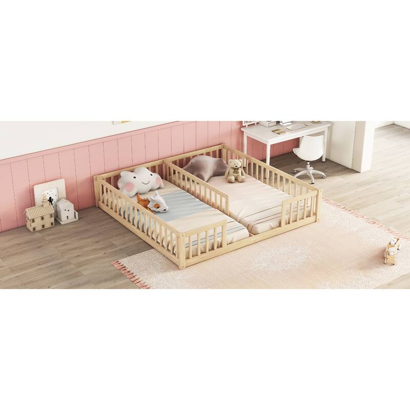 Roomfitters Double Twin Floor Bed Frame with Fence and Guardrails, Low Profile Shared Platform Bed, No Door Design