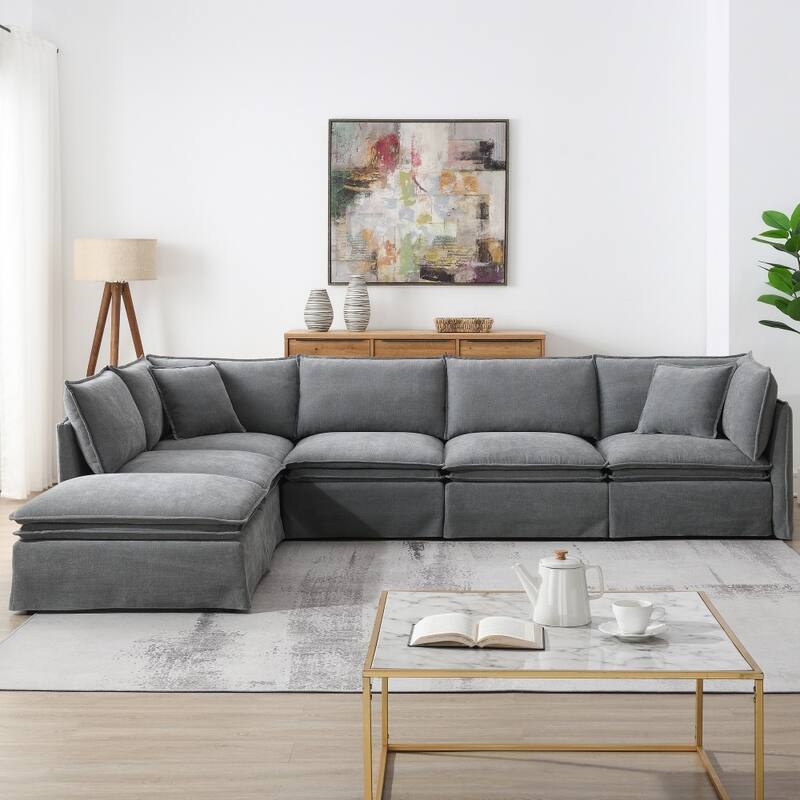 125.5'' Chenille 6-seat Modular L-shaped Sectional Sofa with Movable Ottoman - Light Grey