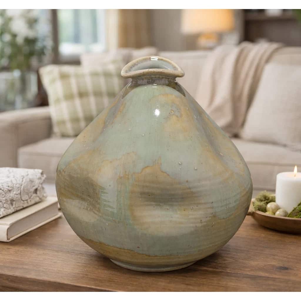 Noah 11 Inch Ceramic Decorative Vase, Irregular Dimpled Shape, Glossy Reactive Blue