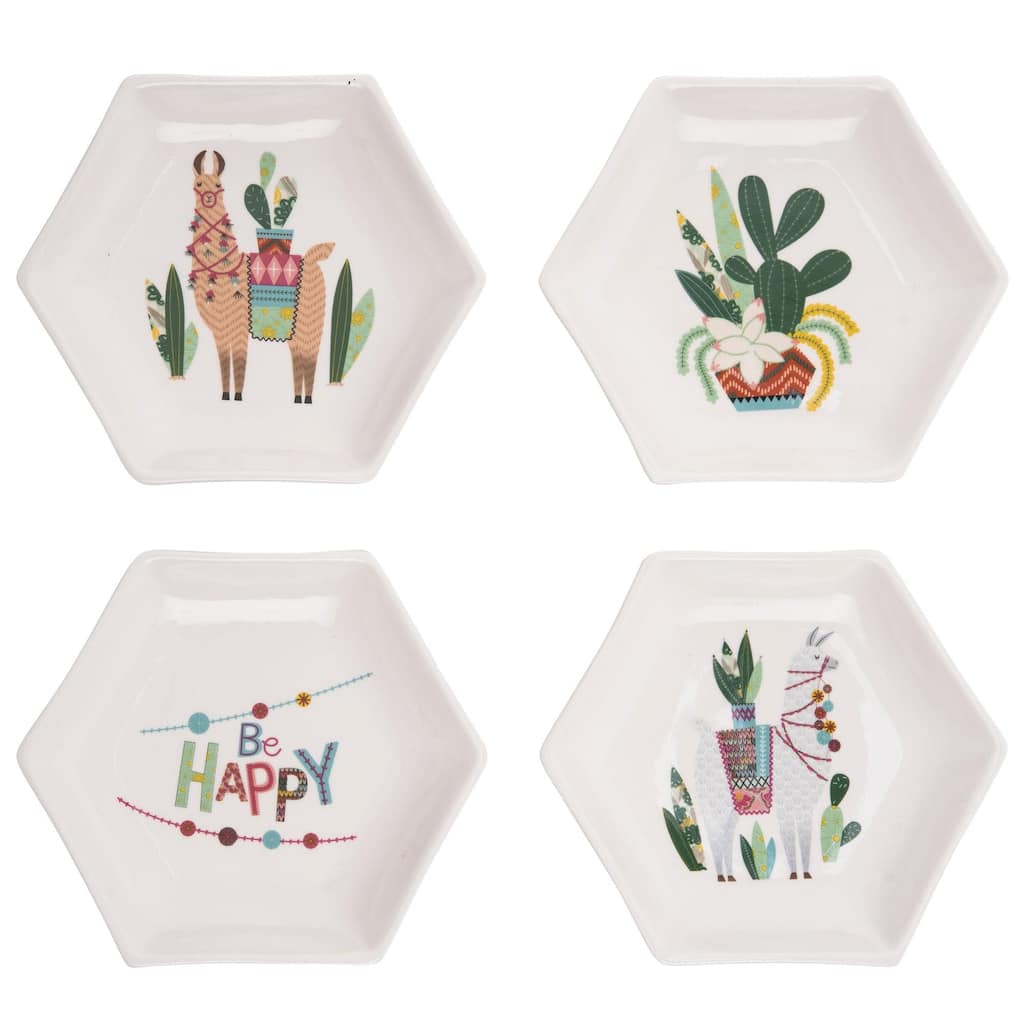 Transpac Ceramic Hexagon Southwest Lama Cactus Plate Set of 4 Home Decorations