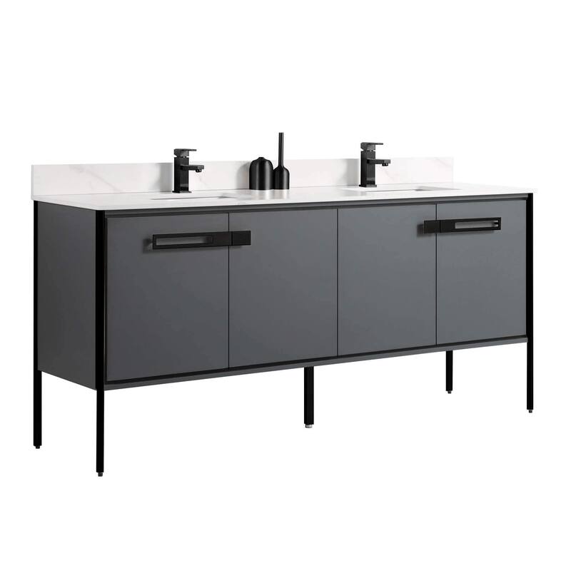 Fine Fixtures Oakville Bathroom Vanity with White Ceramic Sink - 72 Inch - Onix Grey - Black Hardware
