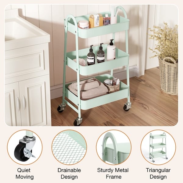 Storage Trolley Cart - 3 Tier Metal Rolling Utility Organizer Rack, Craft Art Cart, Multi-Purpose Organizer Shelf, Tower Rack Serving Cart for Office Bathroom Kitchen Children Room Laundry Room Black