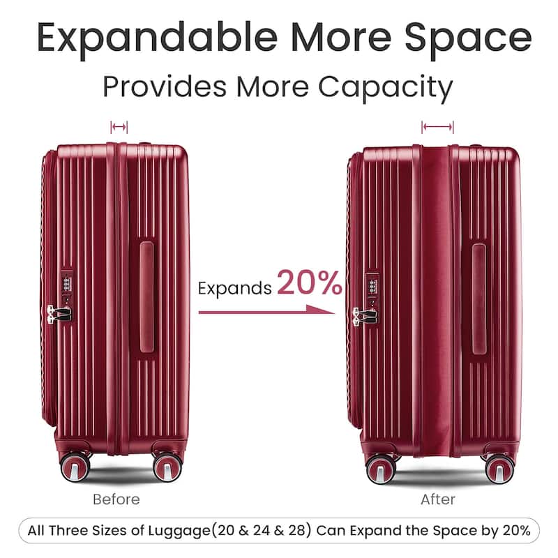 3 Piece PC Expandable Lightweight Carry On Luggage Sets with Front Pocket and Spinner Wheels & TSA Lock, for Men and Women