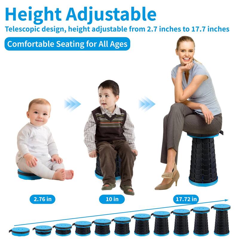 VECELO Portable Telescoping Stool Lightweight Adjustable Height Folding Stool for Camping Fishing Indoor Outdoor Plastic Seat