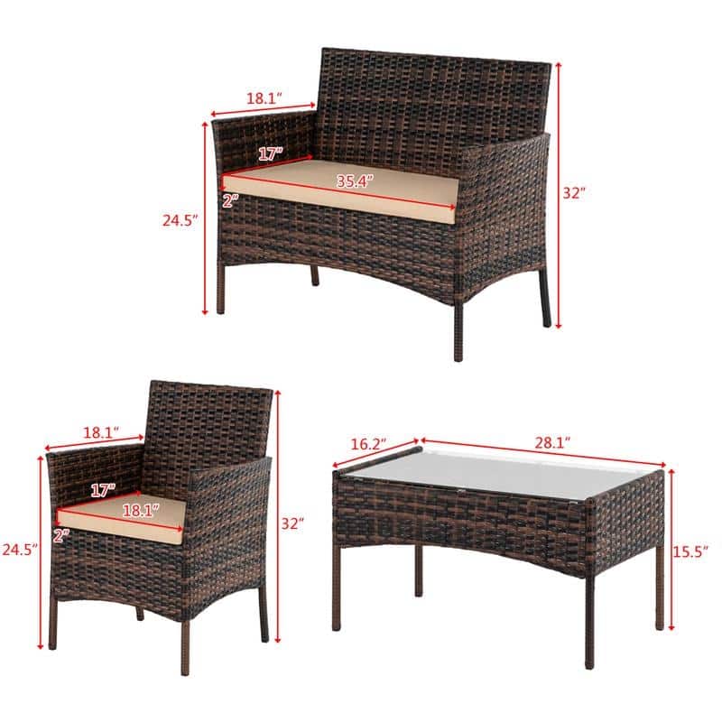 Outdoor 4-Piece Brown Wicker Rattan Conversation Set with Khaki Cushion