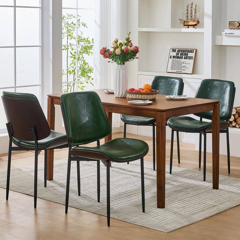 Set of 2 Mid-Century Dining Chairs - PU Leather, Walnut Bentwood & Adjustable Metal Legs