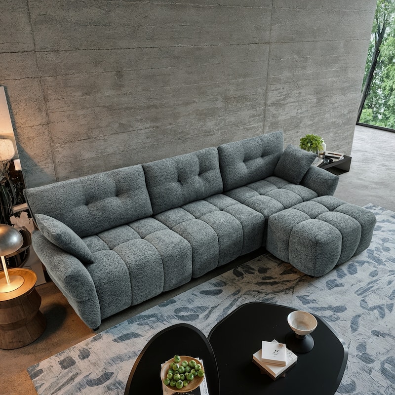 4-Seat Sectional Sofa Couch with Chaise, Tufted L-Shaped Modular Sofa with Pillows, Pocket Spring Cushions & Solid Wood Frame