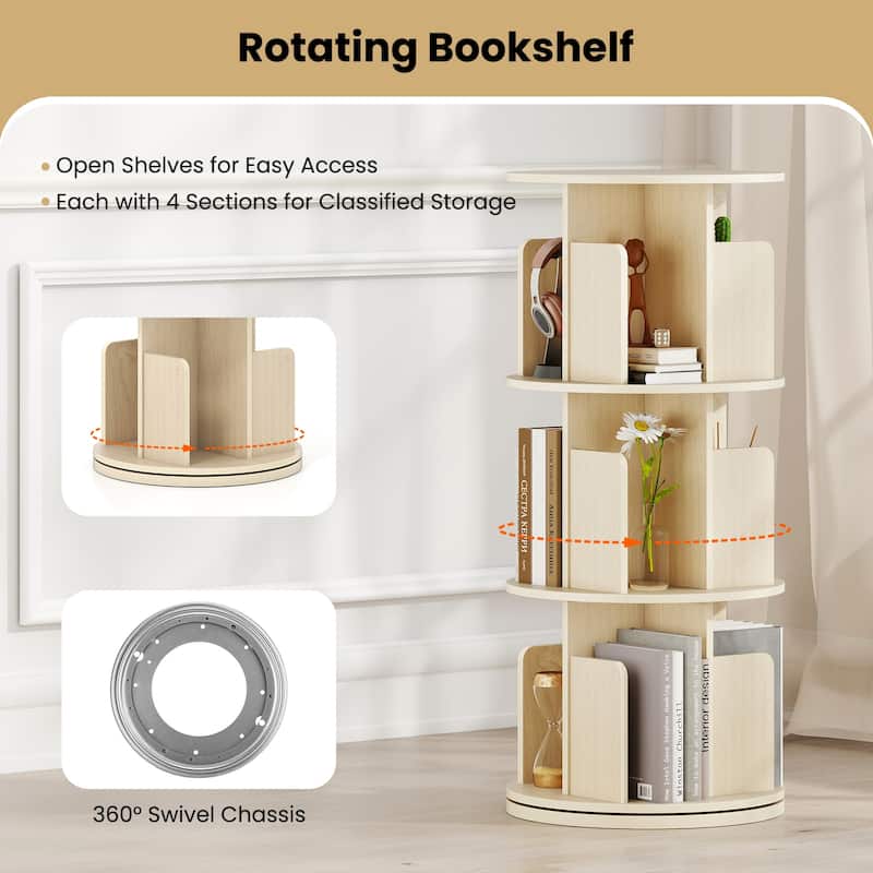 Space-Saving 3-Tier Rotating Bookshelf Storage Rack Tower with Divided Shelves Ideal for Photos or Decor - 15.5" x 15.5" x 38.5"