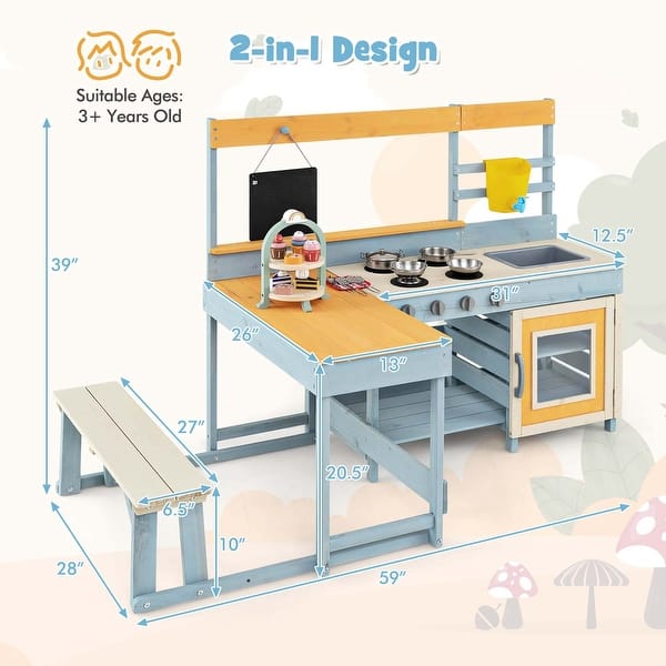 2-in-1 Mud Kitchen & Kids Picnic Table Kids Kitchen Playset with Bench