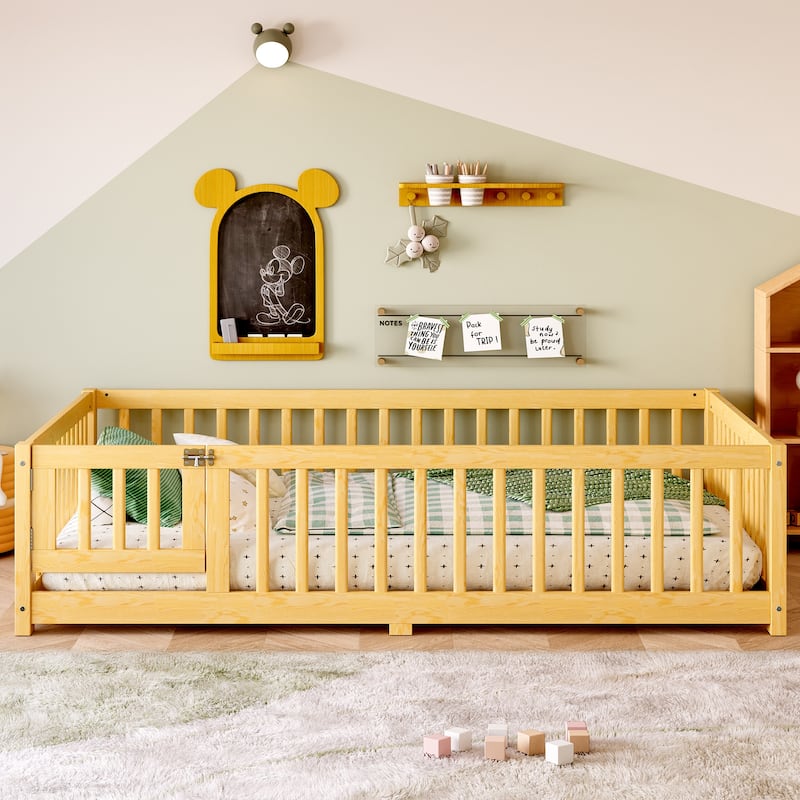 Full Size Bed Floor Bed with Safety Guardrails and Door for Kids - Natural