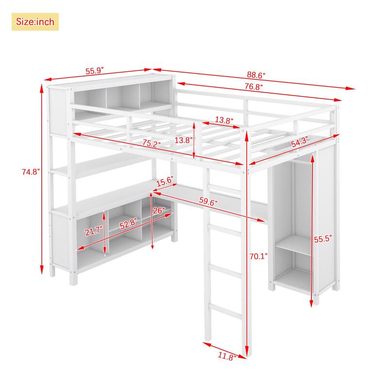 Full Size Metal Loft Bed with Wardrobe And L-shaped Desk, Storage Cubes and Shelves for Kids, Teens, Adults
