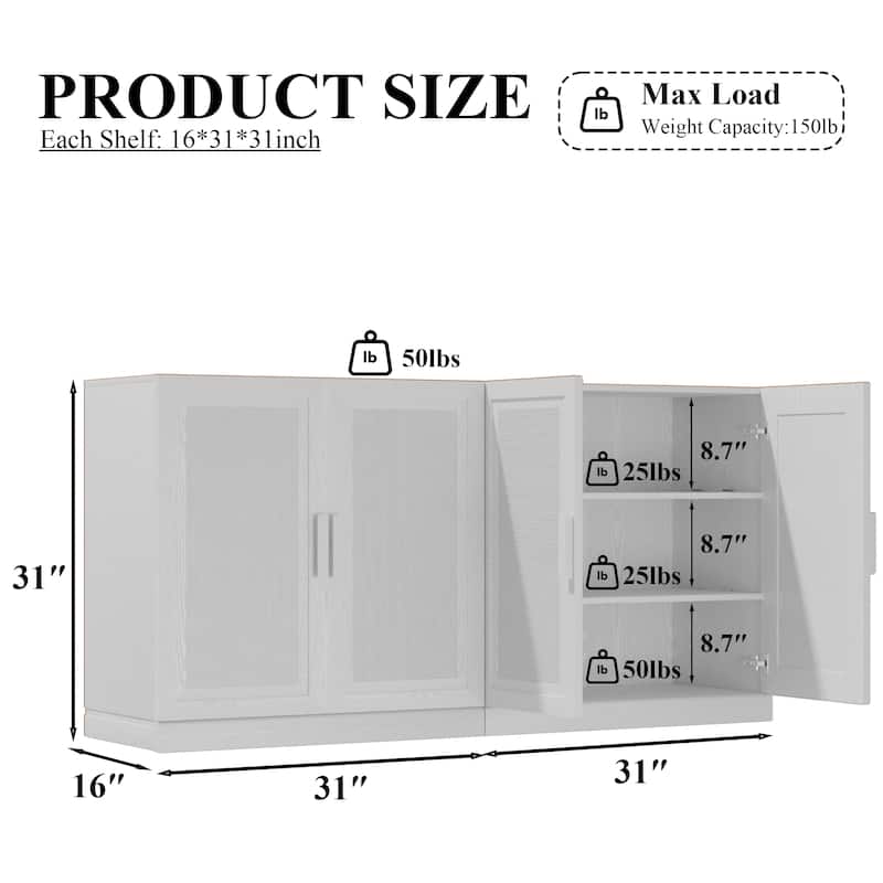 3-Set Rattan Door Sideboard Buffet Storage Cabinets with Adjustable Shelves - 93"Lx31"H