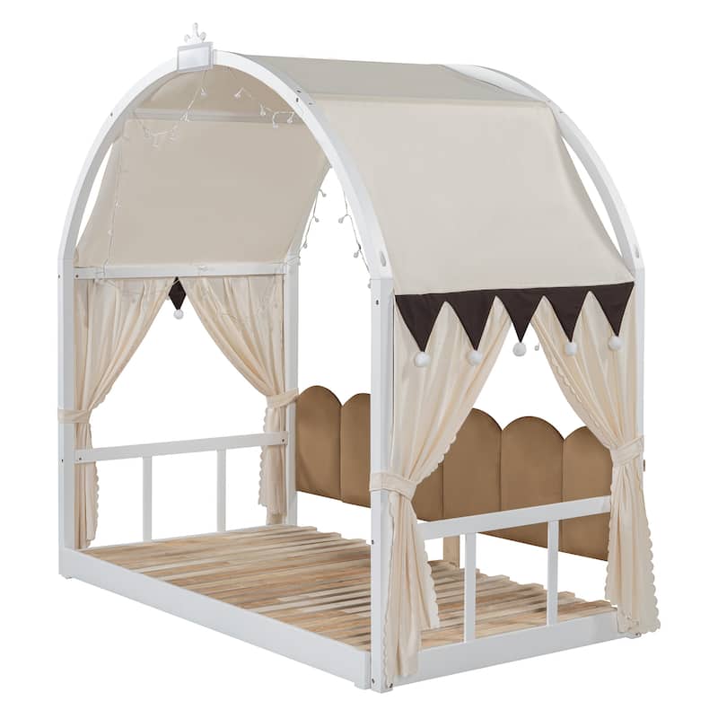 Wood Twin Size Bed Frame with Arched Roof, Floor Bed with Light and Curtain, Pull-out Kids Bed for Girls Boys Bedroom