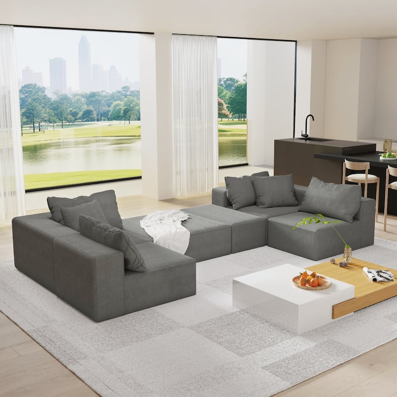 132" Chenille L-Shaped Sectional Sofa with 6 Pillows