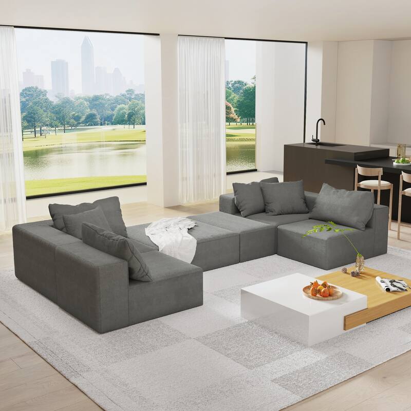 Floor Upholstered Sectional Sofa Modular L Shaped Couch Set with 6 Pillows and Ottomans, Living Room Sleeper Sofa Bed