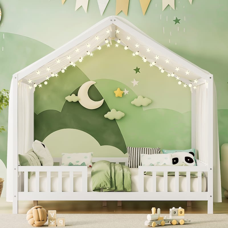 Montessori Bed, House-shape Frame Platform Bed for Kids Toddler, Wood House Daybed with High Railings and Roof, Canopy Bed Frame