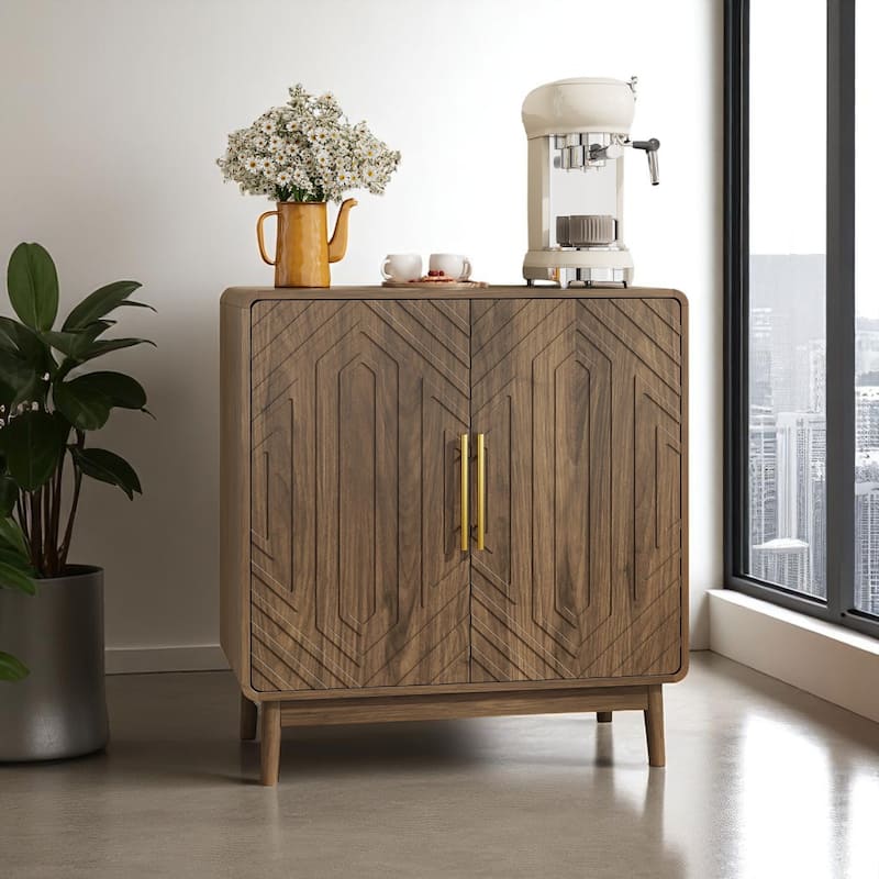 Modern Wood Sideboard Cabinet with Adjustable Shelf, Curved Edge Buffet Cabinet with Carved Doors, Walnut Finish