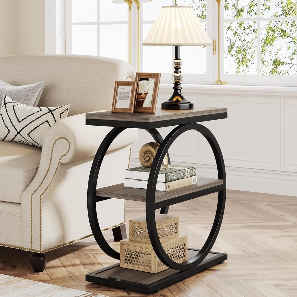 3 Tiers Narrow Wood End Table, Side Table for Living Room, Slim Nightstand