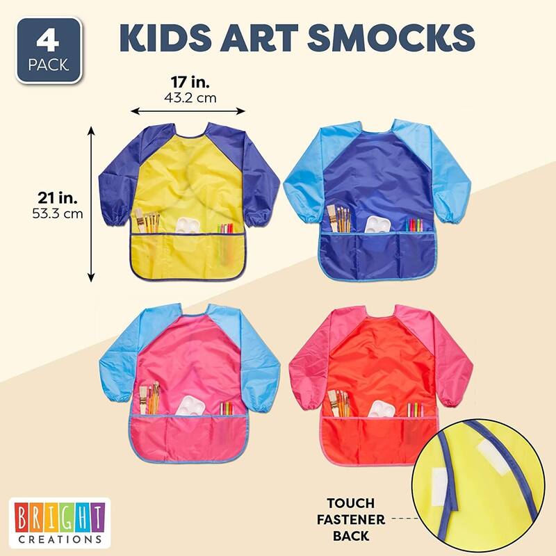 Bright Creations Kids Art Smocks, Waterproof Aprons with 3 Pockets for Painting, Ages 3-8 (4 Pcs)
