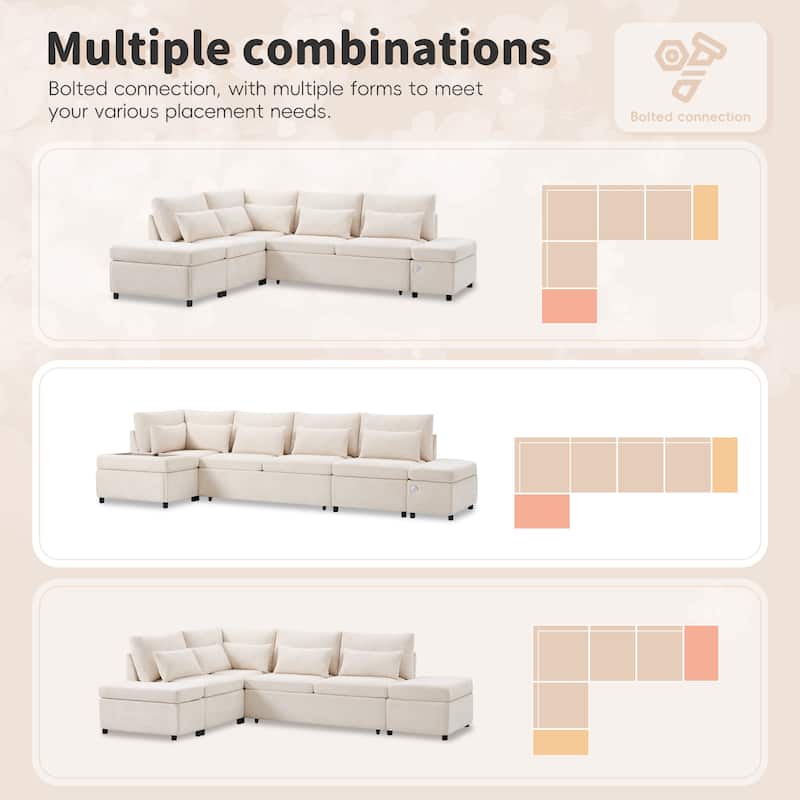 Premium Modular Sectional Pull-Out Sofa Bed with Adjustable Armrests, Movable Storage Ottoman, USB & Type-C Ports