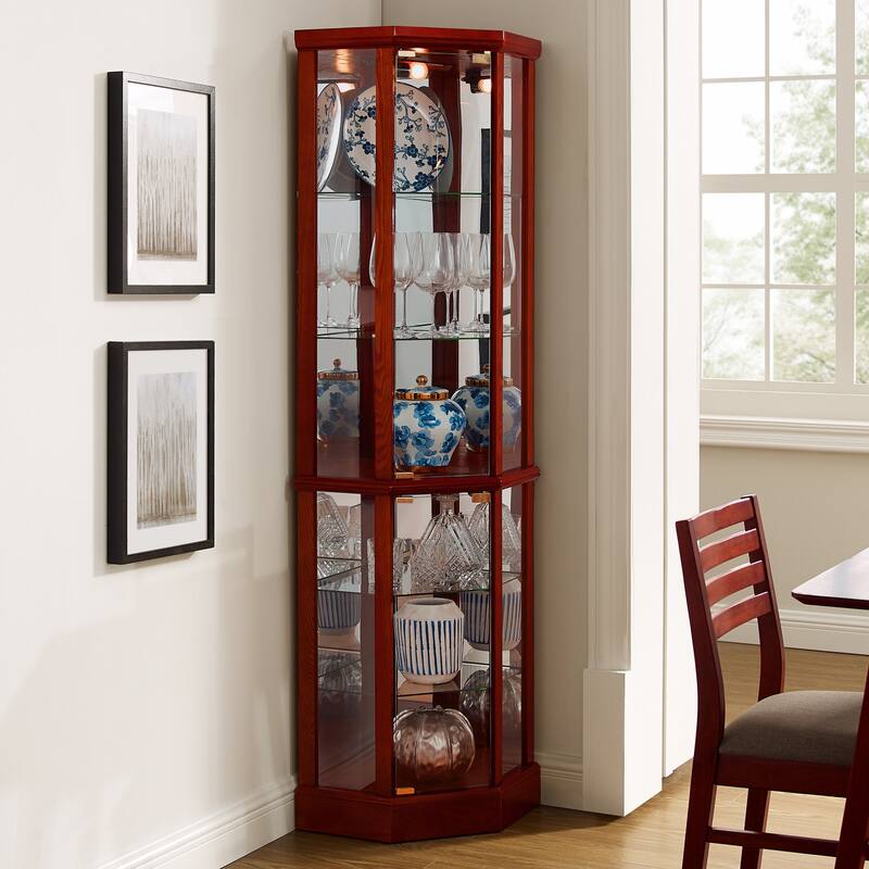 Corner Curio Cabinet with Lights, Floor Standing Display Cabinet, China Cabinet with Tempered Glass Shelves & Mirror Back