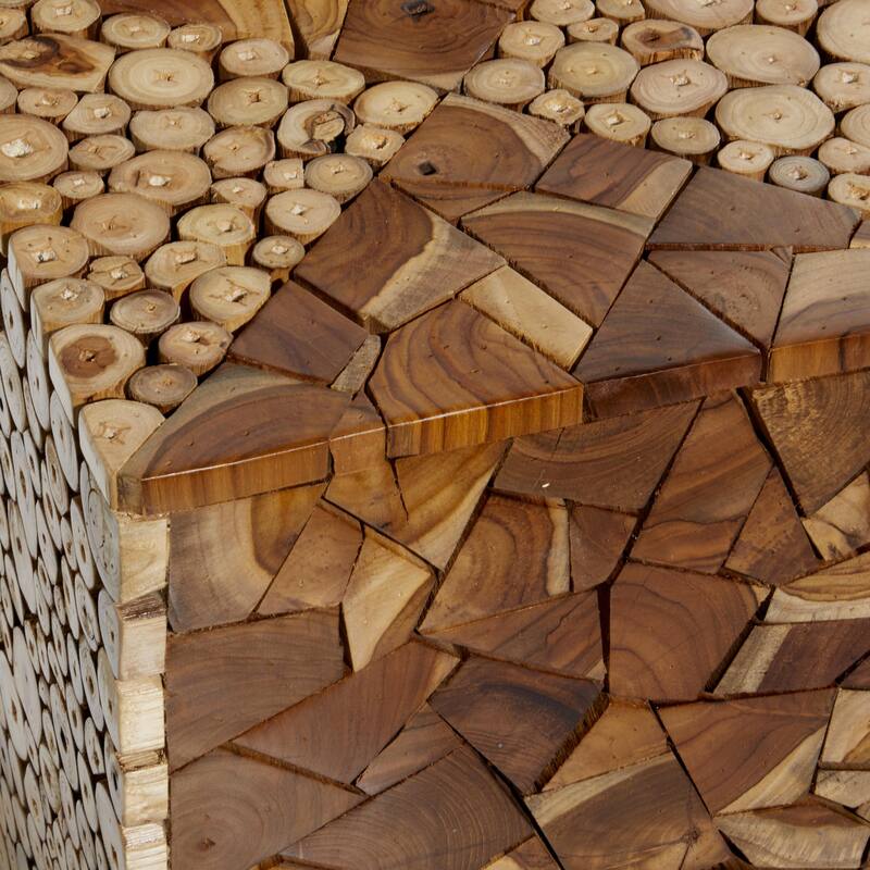 Brown Teak Wood Handmade Square Block Side End Accent Table with Mosaic Wood Chip Design