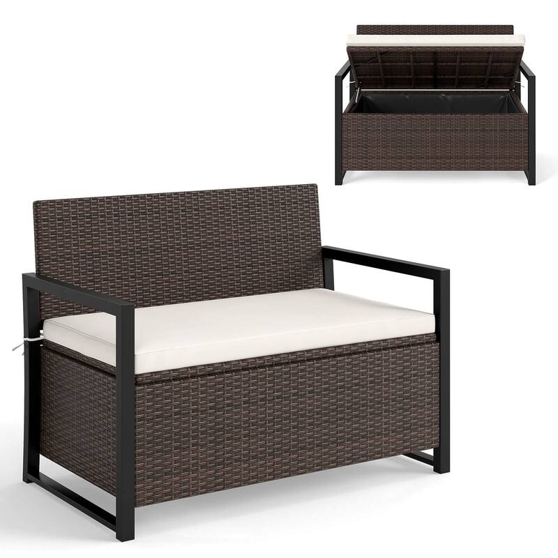 Wicker Outdoor Bench Rattan Deck Box Patio Loveseat - Mix Brown & Off White
