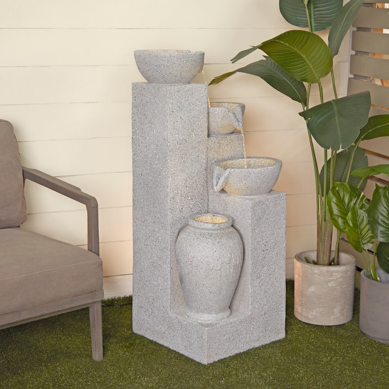 Light Gray Fiberglass 4 Tier Fountain with LED Light - Grey