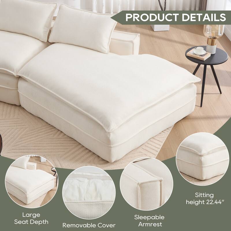 Modular Deep Seat Sectional Sofa with Chaise Lounge, Fabric Upholstered Cloud Boneless Couch, High-Density Sponge Floor Sofa - White