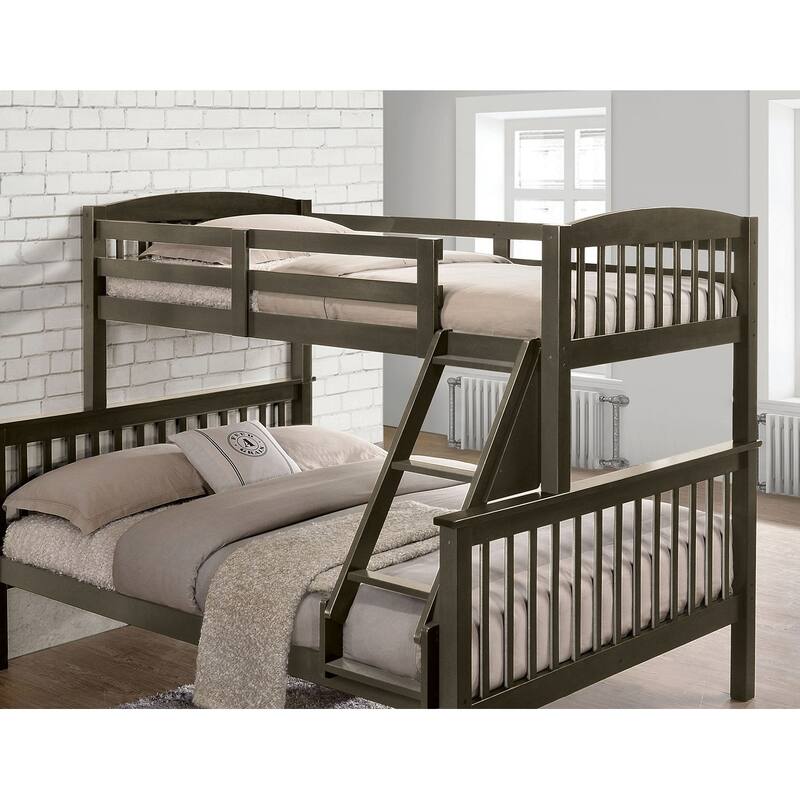 Gray Twin Over Twin Bunk Bed with Slat Design and Angled Ladder