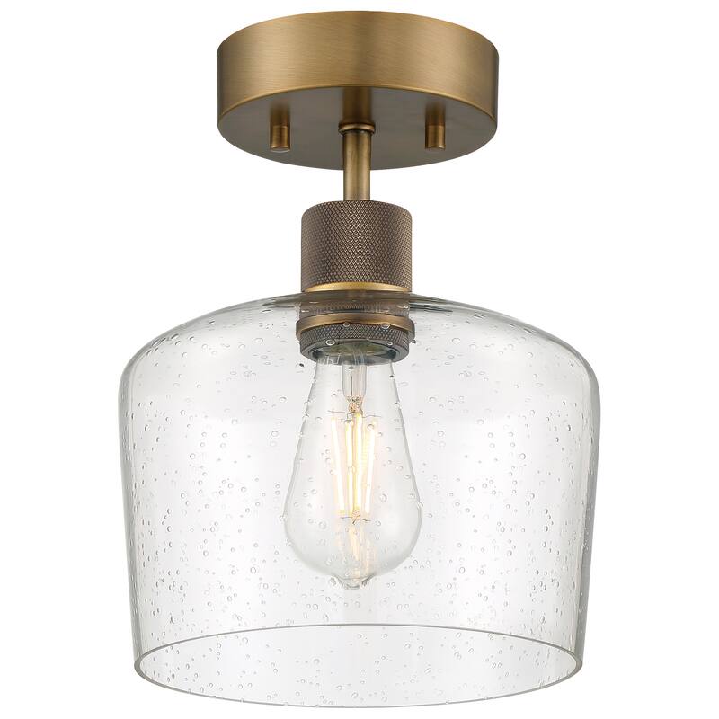 Port Nine Chardonnay LED Semi-Flush Light - Replaceable LED - Antique Brushed Brass/Seeded Glass