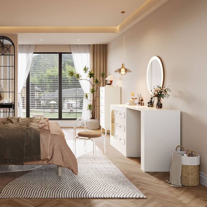 360° Rotatable Vanity Desk with 3 Drawers, Modern White Corner Vanity