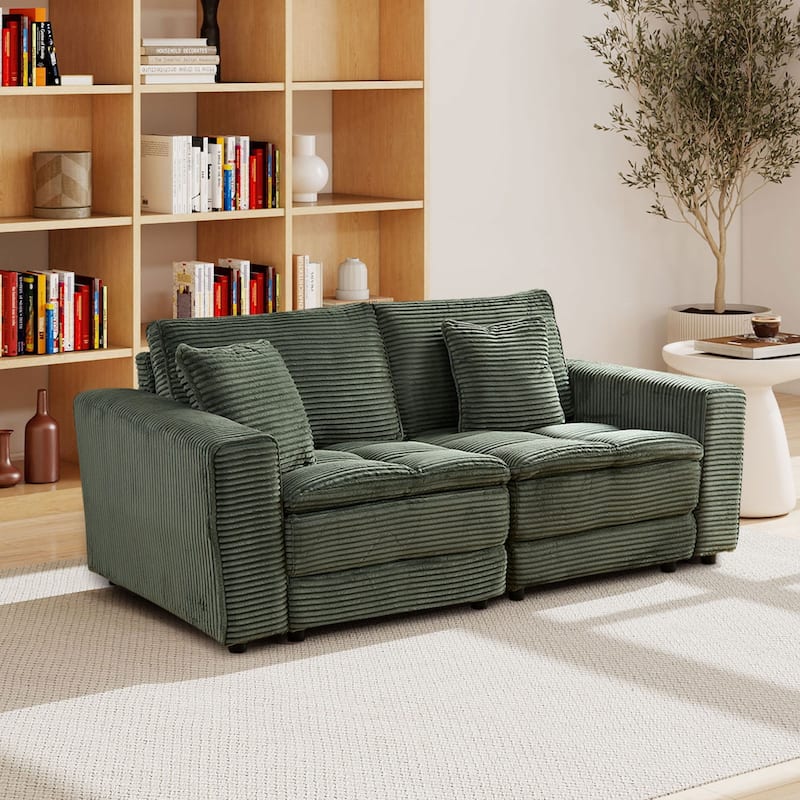2 Seats Couch with Detachable Cushions Corduroy Upholstery 2 Pillows Living Room Apartment - Green