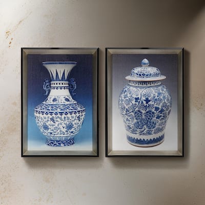 14 x 20 Set of 2 Framed Wall Art Prints, Pot Design, Blue, White, and Black