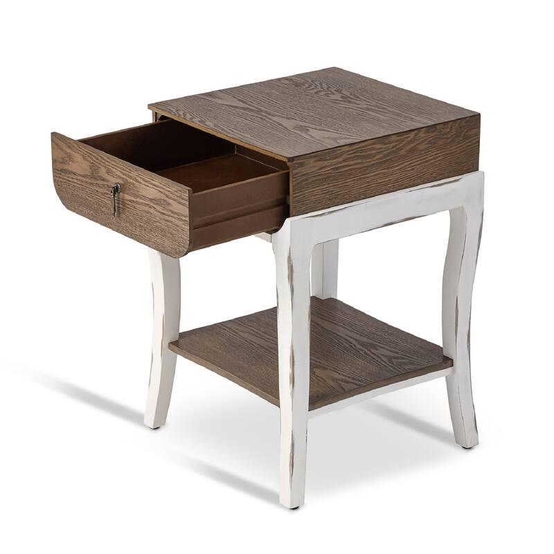 SUNBURY Farmhouse Nightstand Wood Accent End Table w Drawer and Shelf