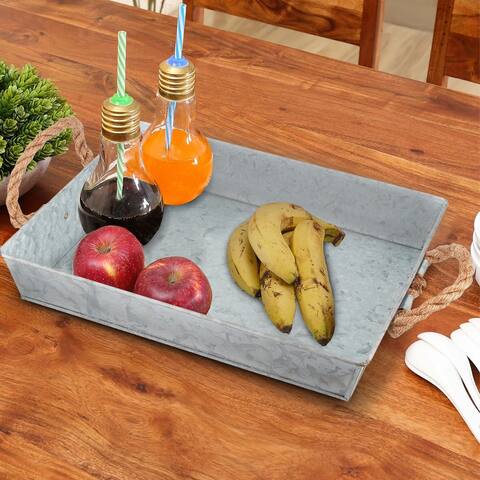 Benzara Mix Media Galvanized Tray With Rope Handles, Gray - 8' x 10'