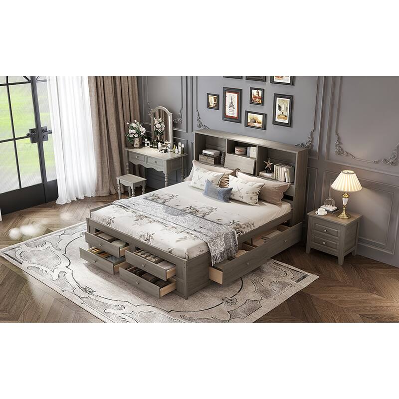 Roomfitters Queen/King Platform Bed with Storage Headboard and 8 Drawers, Solid Wood