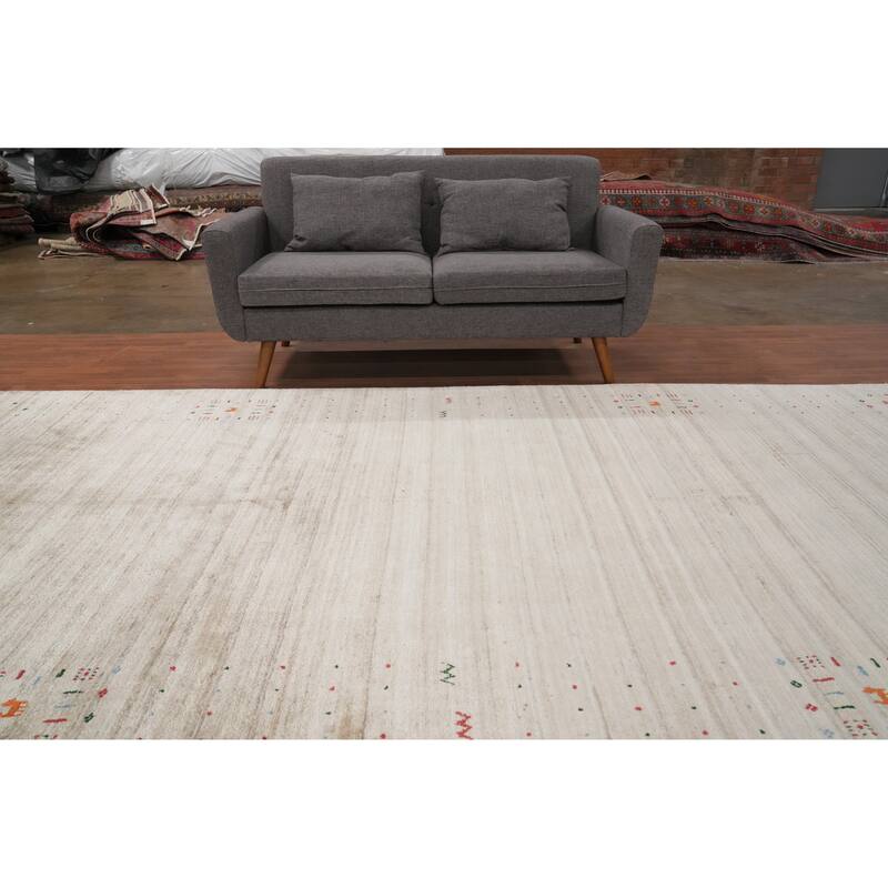Hand Knotted Oriental Viscose Silk Carpet Tribal Animal Pictorial Beige & Ivories Gabbeh Area Rug - 12' 0'' X 6' 6''