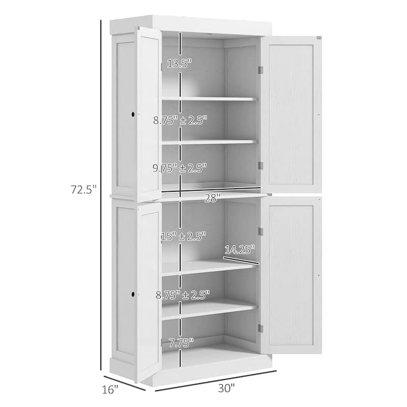 72.5" Freestanding Kitchen Pantry Cabinet, Tall Storage Cabinet with 4 Doors and 2 Adjustable Shelves for Dining Room